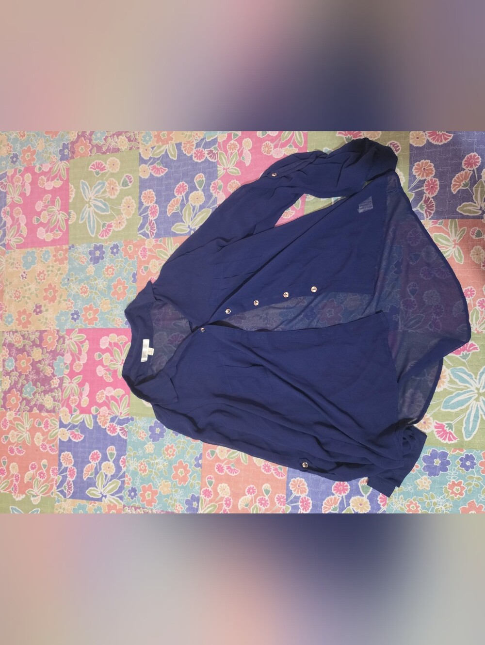 Womens Large Navy Sheer Button-Down Blouse